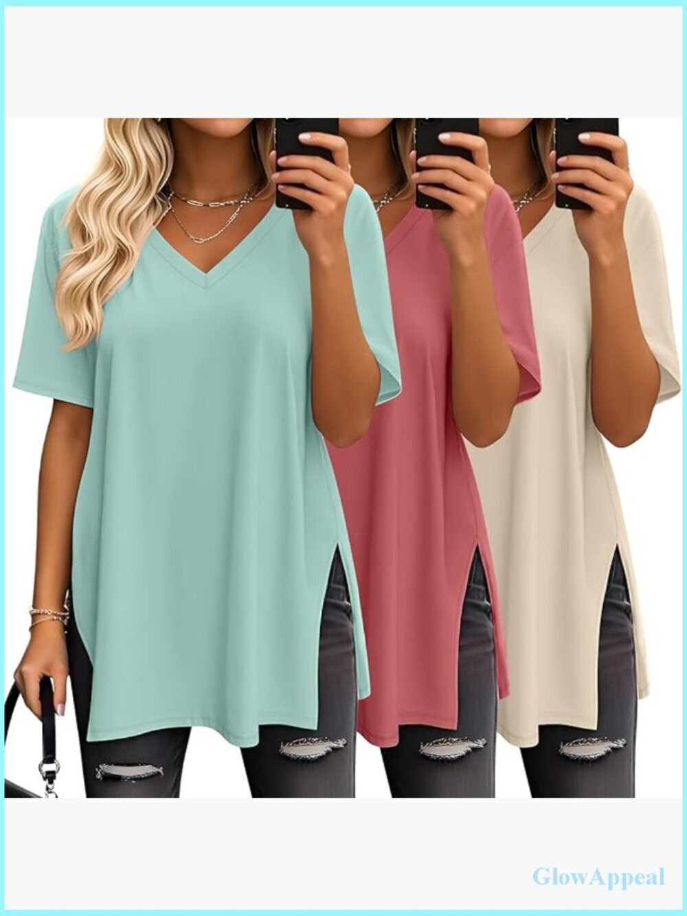 Oversized V Neck Tee 3 Pack Side Split Loose Fit Tunic Top Women Workout